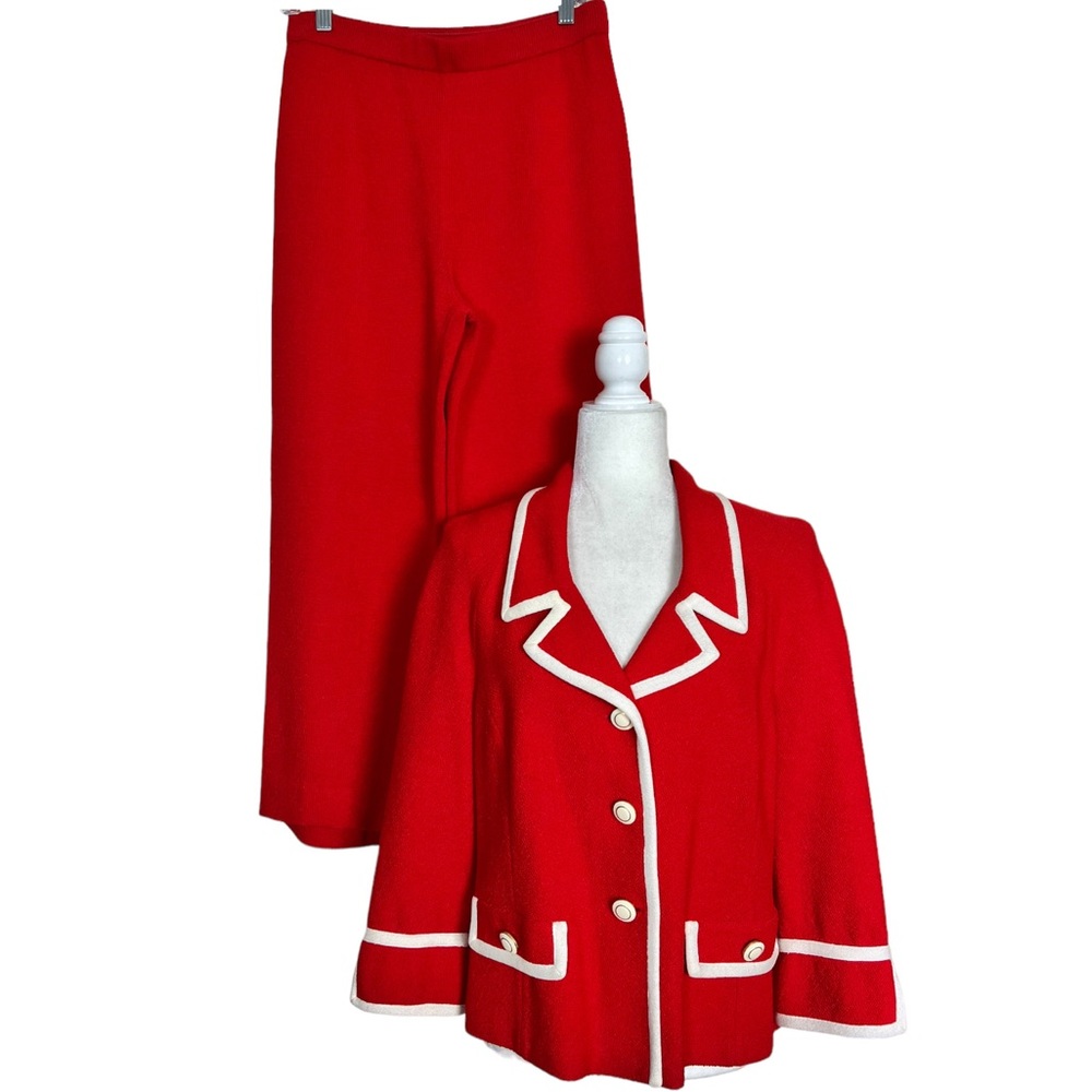 St. John Collection Red Santana Knit Button Front Blazer 
Jacket Pants Suit
